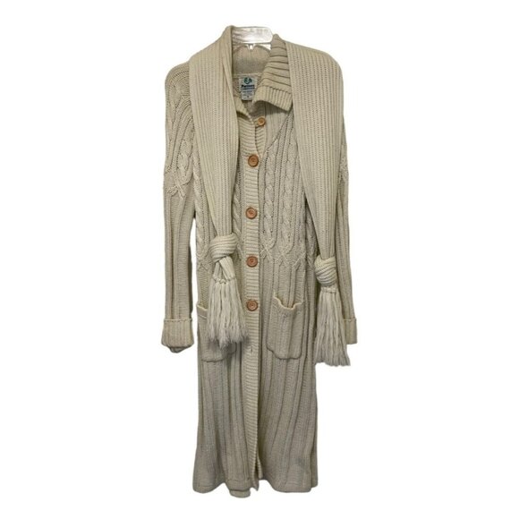 Vintage Partners Hippy Women Med  Beige Sweater Maxi Coat Long Cable Knit Scarf - Picture 1 of 5